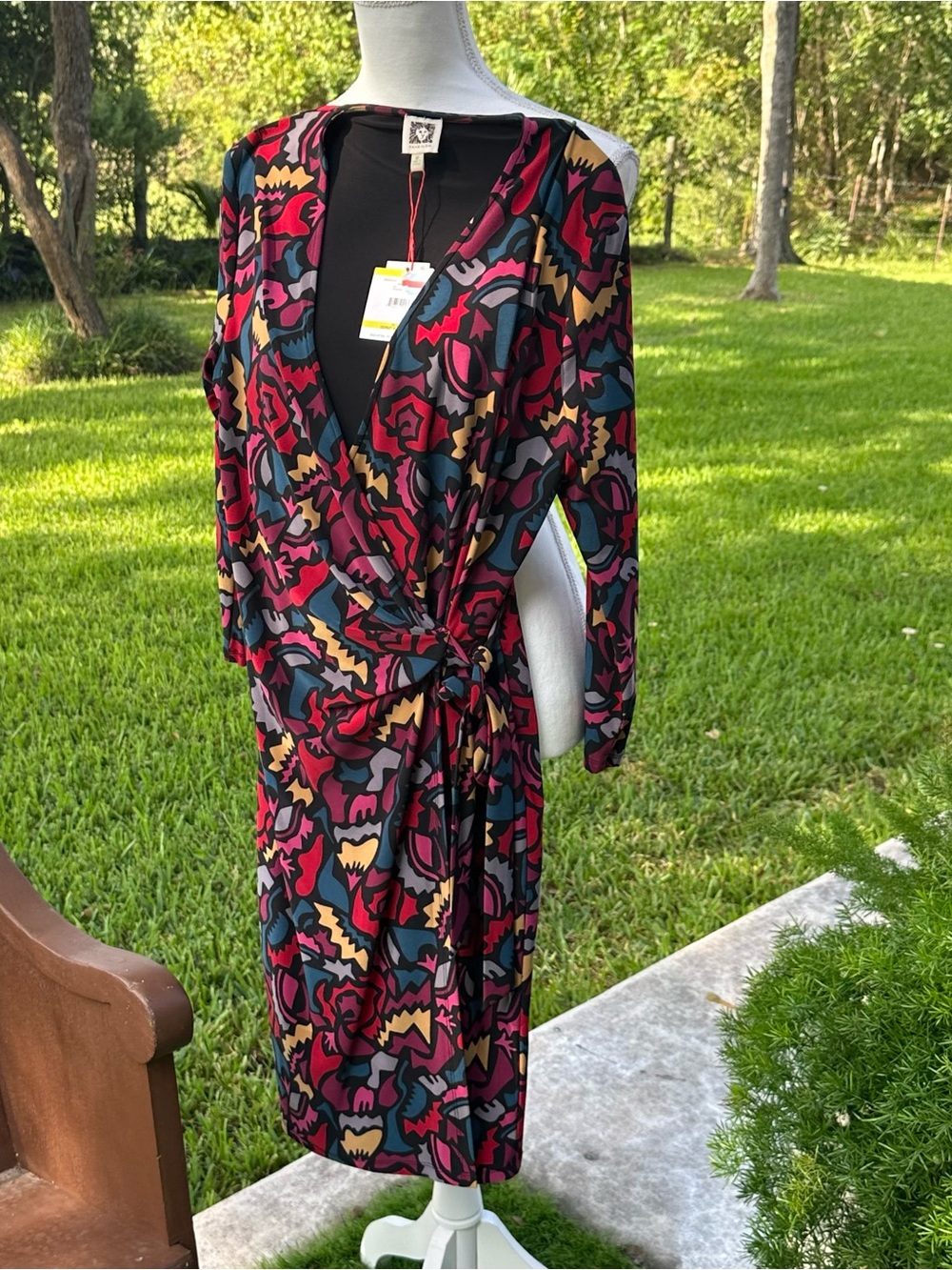 Anne Klein Burgundy Teal Mustard Abstract Floral Wrap Dress